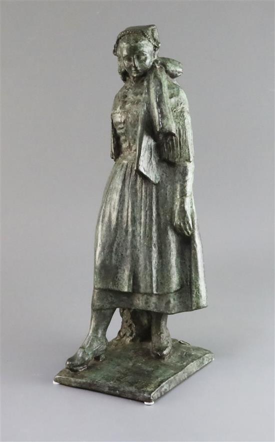 Louis Henri Nicot (1878-1944). A bronze figure of a Flemish woman holding an umbrella, 16in.